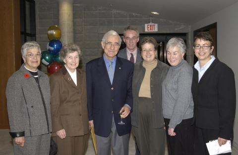 Watts Family, with Joe Schlesinger, entrance to ARC Lecture Theatre, F.B. Watts Memorial Lecture, Academic Resource Centre (ARC)