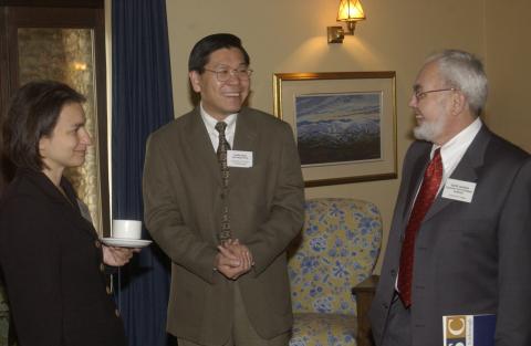 Unidentified Dignitary, Leslie Chan and Garth Jackson Socialize, Celebration of the Signing of the Agreement for the Joint Programs (Centennial College and UTSC) in Journalism and Paramedicine, Miller Lash House