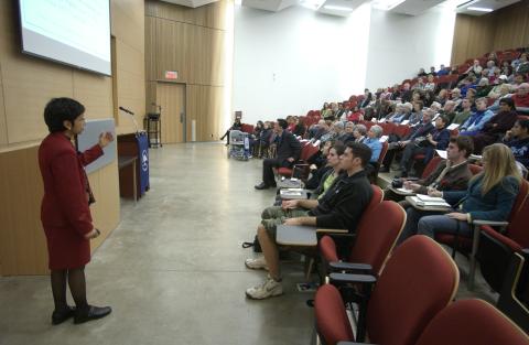 Sheela Basrur Speaking to Audience, 33rd F.B. Watts Memorial Lecture, Arts and Administration Building Lecture Theatre (AA)