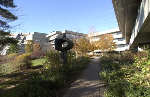 View of Andrews Buildings and Louis Archambault Sculpture, Tall Couple, 1966, across H-Wing Patio