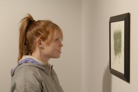 Woman Looking at Melissa Doherty's Artwork, Opening, Micro/Macro: Works by Robert Wiens & Melissa Doherty, Curated by Jennifer Rudde