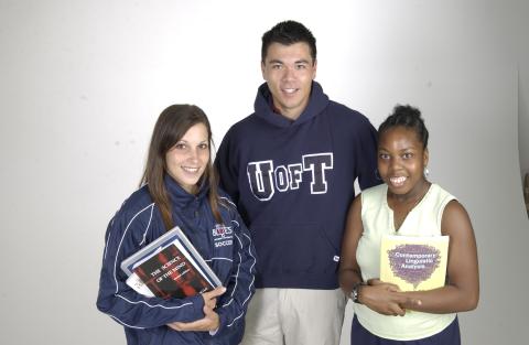Three Students, Two in Branded Athletic Wear, Studio Shot, Accessibility, Sports Related Promotional Image