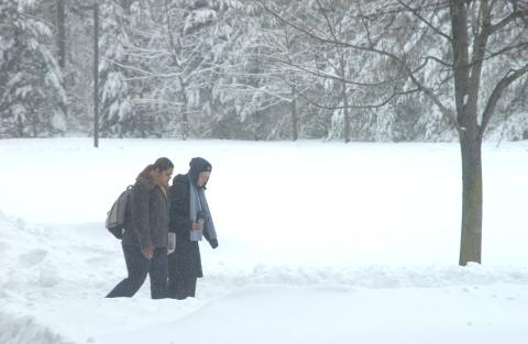Two People Walking by Wooded Area, Winter