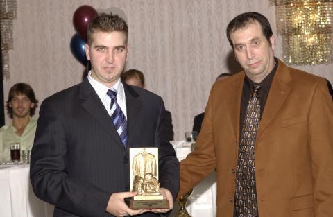 Kevin Johnston and Presenter with UTSC Hockey Hall of Fame Trophy, Scarborough Campus Athletic Association Banquet, Delta East Hotel