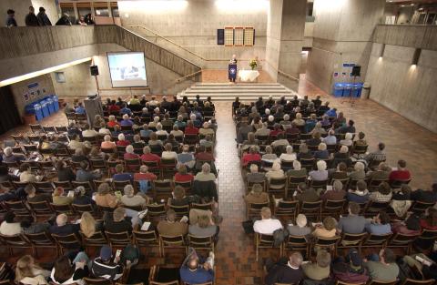 Bob Rae Speaking, Photograph taken from Second Floor Gallery, includes View of Audience,  F.B. Watts Memorial Lecture, the Meeting Place