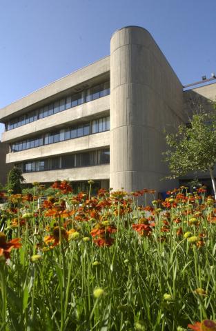 Exterior, Science Wing, Flowers in Foreground