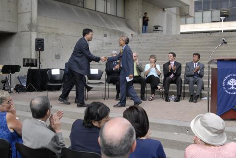 Kwong-loi Shun Shakes Hands with Vivek Goel, Other Dignitaries Stand Nearby, Stairway, H-Wing Patio, Principal's Farewell Event for Kwong-loi Shun, H-Wing Patio