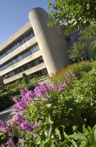 Exterior, Science Wing, Flowers in Foreground, Photograph taken at angle