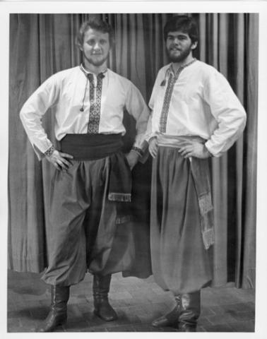 Two Students Posing in Ukranian Cultural Outfits