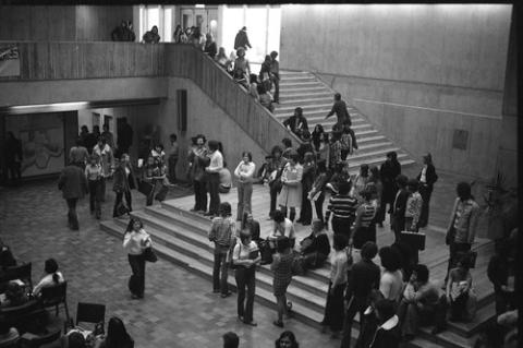 Crowd of Students Standng on Meeting Place Stairs