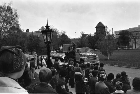 Scarborough College Homecoming Float on King's College Circle with Crowd of Students