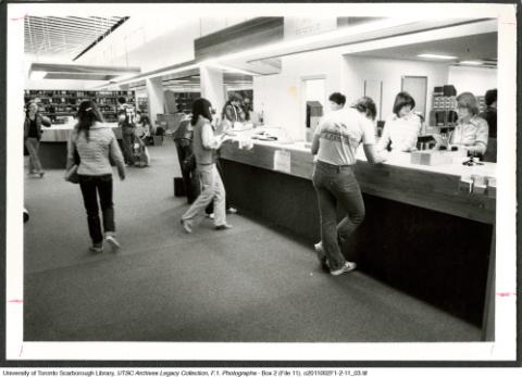 Circulation desk, Vincent W. Bladen Library, Scarborough College