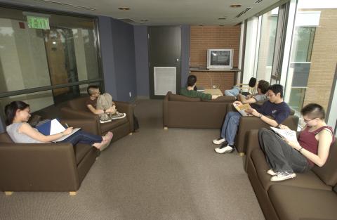 Students in Residence Common Room, Joan Foley Residence Hall, Promotional Image