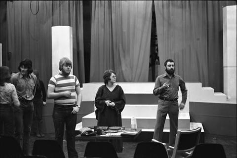 Prof. Michal Schonberg Speaking to Students at Onstage Table, TV Studio One